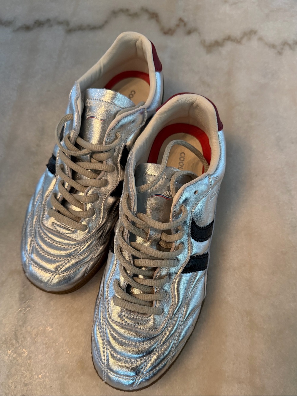 Metallic Silver Sneakers with Black Stripe